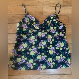 Floral Spaghetti Strap Top - Black with Yellow and Pink Flowers